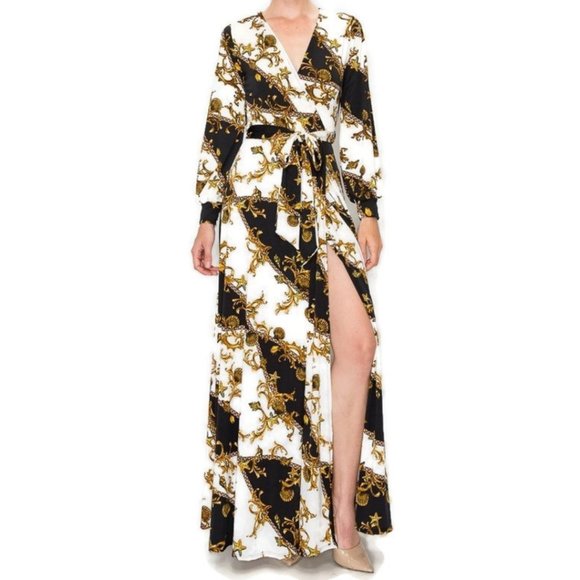 Janette Fashion Ivory Gold Black Bell Long Sleeve Faux Wrap Maxi Dress - Picture 4 of 4